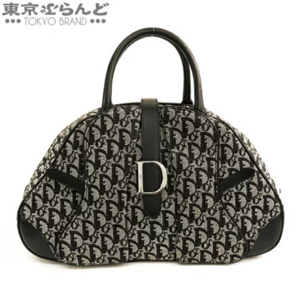 Christian Dior Double Saddle Handbag Black Canvas Leather Trotter Boston Bag